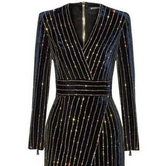 New Women's Long Sleeves V Neck Mini Bodycon Cocktail Party Beaded Dress… - Picture 7 of 8